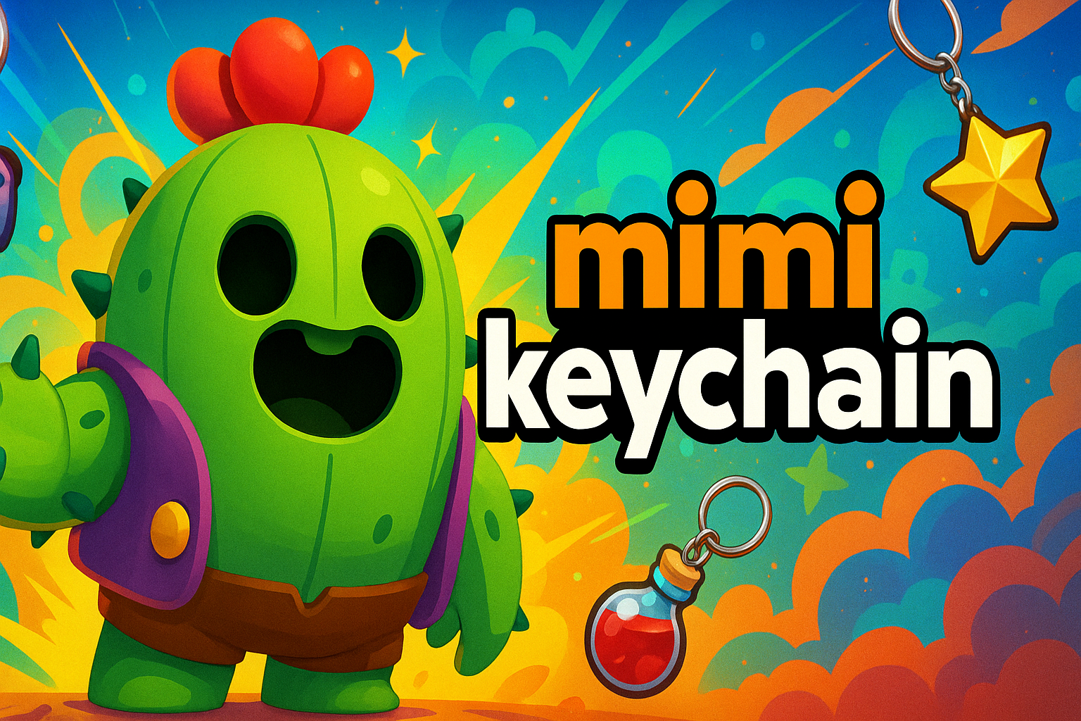 brawl star lover, with store name: mimi keychain, and has spike on the picture, size 1200*400